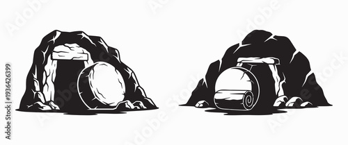 Empty Tomb Entrance With Stone Christian Resurrection Symbol Good Friday Silhouette Vector