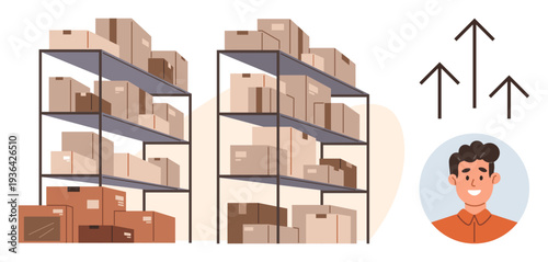 Logistics, inventory management, warehouse operations, shipping, online retail, storage solutions. Two storage racks filled with boxes, smiling worker icon upward arrows. Logistics and inventory