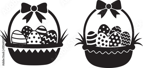 Set of easter baskets with decorated eggs and bows in black and white silhouette