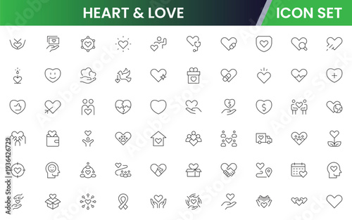 Heart and love icons depicting love, romance, affection, emotions, relationships, care, passion, dating, feelings, kindness, compassion, friendship, support, wellness, and connection.