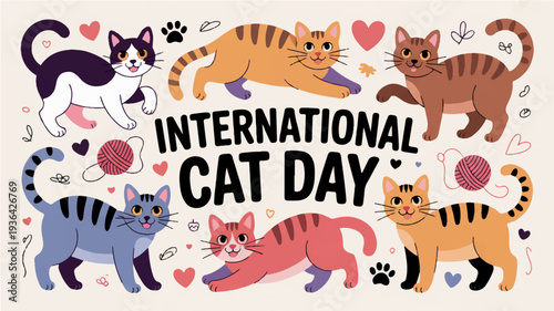 International cat day illustration with colorful cartoon cats and hearts on beige background