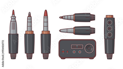 Collection of audio connectors and adapters on a white background