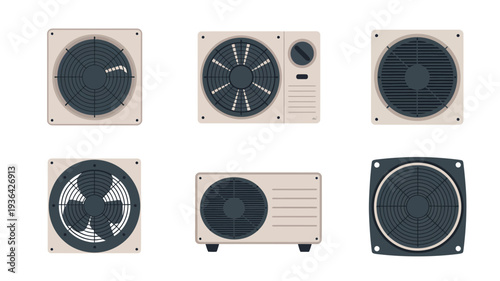 Collection of six different outdoor air conditioning condenser units