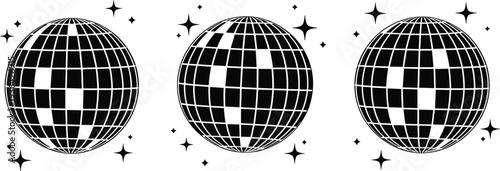 Disco ball silhouettes with sparkles, retro dance party icons, festive lighting design, vintage music celebration vector illustration, nightlife decoration set
