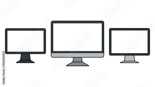 Three computer monitors of different sizes on stands with blank screens