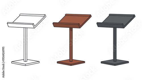Three lecterns in different styles and colors isolated on white background