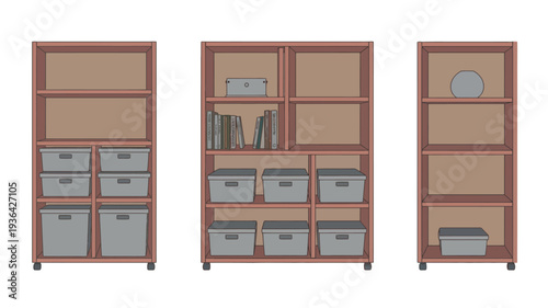 Three wooden shelving units with drawers and storage boxes