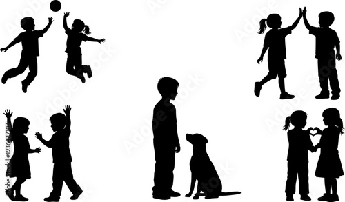 Kids silhouettes collection, children playing friends with dog vector illustration isolated black silhouette bundle childhood friendship activity