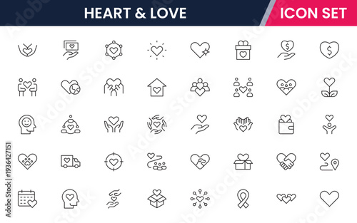 Heart and love icons depicting love, romance, affection, emotions, relationships, care, passion, dating, feelings, kindness, compassion, friendship, support, wellness, and connection.
