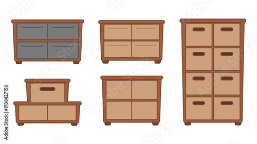 Collection of wooden storage cabinets and chests of drawers