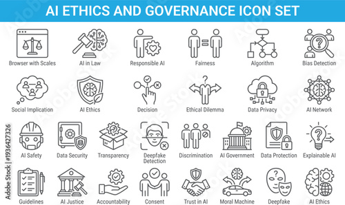AI ethics and governance icon set, responsible artificial intelligence symbols, data privacy, fairness, transparency, bias detection vector collection
