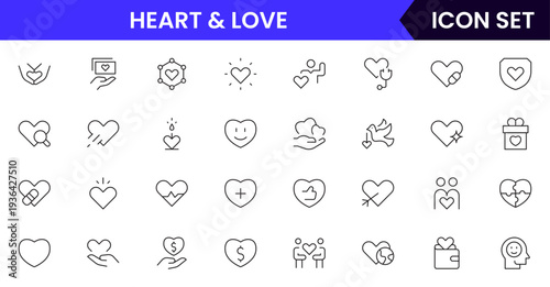 Heart and love icons depicting love, romance, affection, emotions, relationships, care, passion, dating, feelings, kindness, compassion, friendship, support, wellness, and connection.