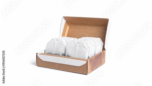 A cardboard box displays tea bags neatly arranged inside against a white background