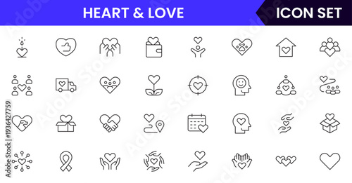 Heart and love icons depicting love, romance, affection, emotions, relationships, care, passion, dating, feelings, kindness, compassion, friendship, support, wellness, and connection.