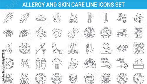 Allergy and skin care line icons set, symptoms, testing, medicine, irritation, rash, health, dermatology, medical warning, treatment symbols