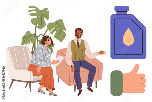 Communication, product endorsement, interpersonal relationships, natural elements, health-related products, customer perspectives. Two people talking, oil bottle thumbs up plant. Communication