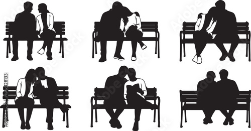 Silhouette of people sitting on park benches talking, relaxing, or waiting, vector illustration of casual outdoor scene on white background for design