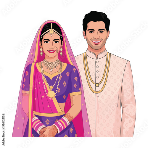 Indian wedding couple in purple outfit