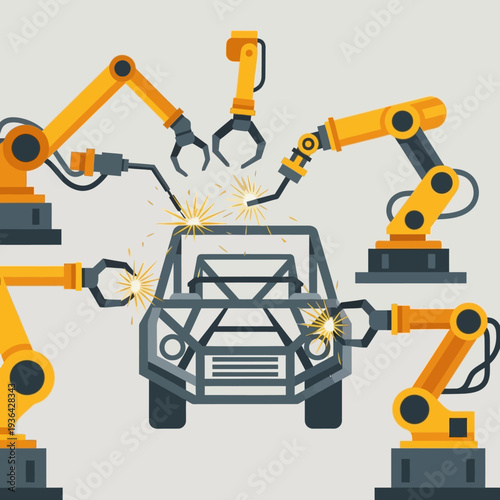 Automated car manufacturing with robotic arms welding car frame on assembly line