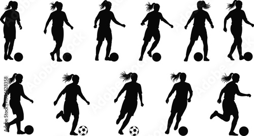 Set of black silhouettes of female soccer players dribbling and running with balls isolated on white background for sports graphic design