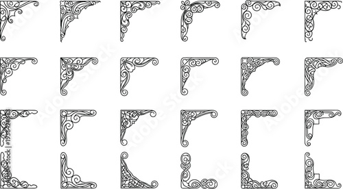 Ornate decorative corner brackets, vintage scrollwork patterns, intricate black design elements, architectural embellishment templates, artistic frame accents, classic ornamental collection