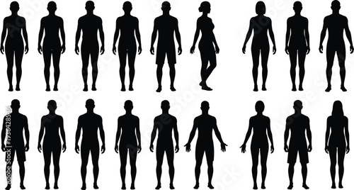 Set of professional business people silhouettes, standing and presenting men and women in formal suits for corporate identity and office.