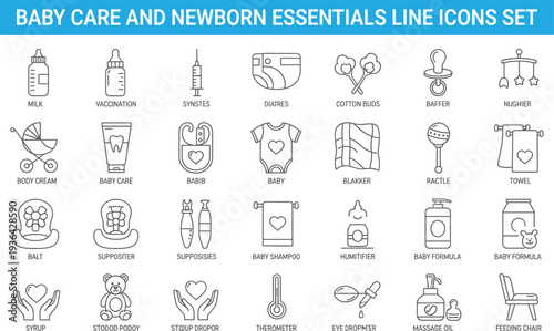 Baby care and newborn essentials line icons set, feeding, hygiene, health, vaccination, nursery accessories, parenting supplies collection