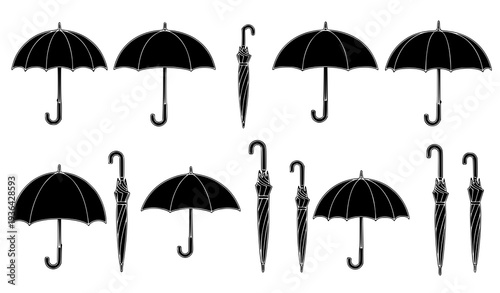 Minimalist black umbrellas vector set with open and folded positions for design