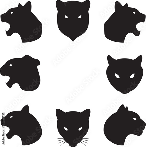 Black silhouette portraits of various feline heads in profile and frontal views