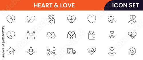 Heart and love icons depicting love, romance, affection, emotions, relationships, care, passion, dating, feelings, kindness, compassion, friendship, support, wellness, and connection.