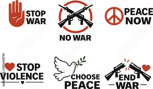 Anti war and peace protest symbol set including stop war hand sign, no war rifle prohibition symbol, peace sign, dove with olive branch, choose peace heart symbol and end war explosion icon. Flat vect
