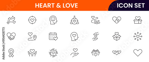 Heart and love icons depicting love, romance, affection, emotions, relationships, care, passion, dating, feelings, kindness, compassion, friendship, support, wellness, and connection.