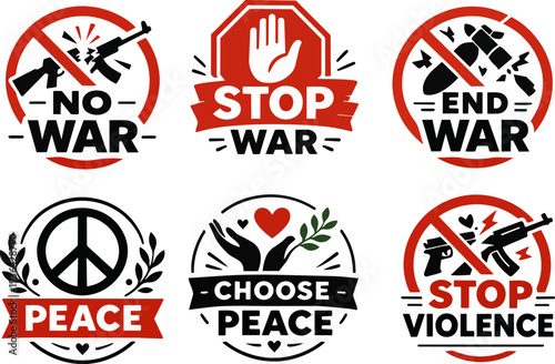 Anti war and peace protest symbol set featuring no war, stop war, end war, choose peace and stop violence messages with prohibition signs over weapons and military symbols. Flat vector illustration co