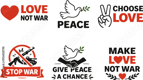 Anti war and peace protest symbol set including stop war hand sign, no war rifle prohibition symbol, peace sign, dove with olive branch, choose peace heart symbol and end war explosion icon. Flat vect