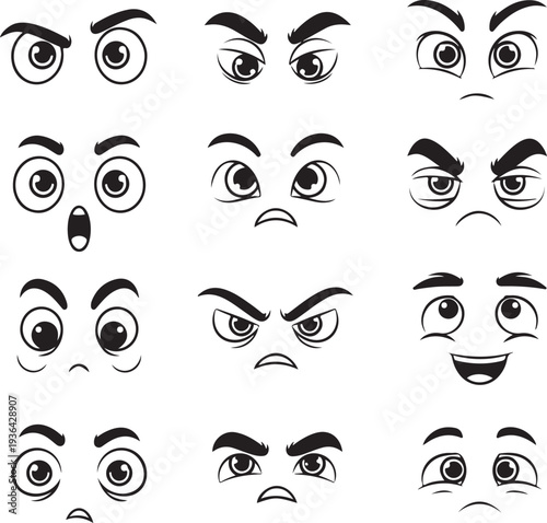 Set of 12 Cartoon Eyes and Eyebrows Vector Illustrations Depicting Various Human Emotions and Facial Expressions for Graphic Design