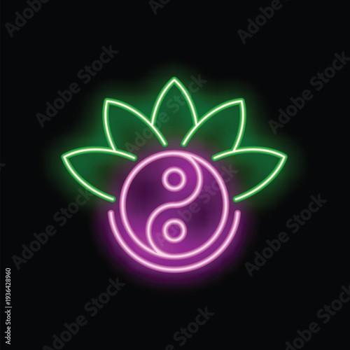 Glowing neon sign representing the yin yang symbol surrounded by lotus flower petals, evoking spirituality and well being