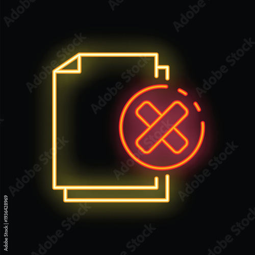 Neon icon showing a cross sign denying access to a pile of documents
