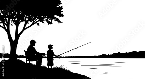 father and son fishing in the lake silhouette