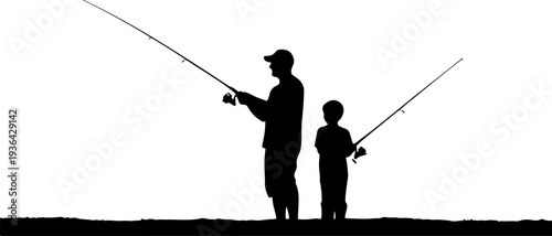 father and son fishing in the lake silhouette