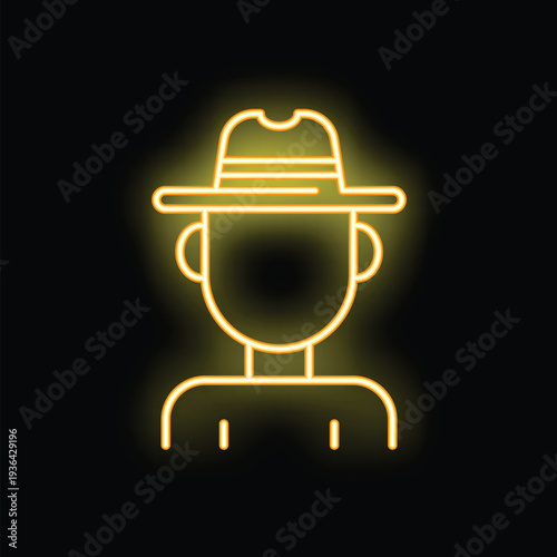 Glowing yellow neon icon of a park ranger wearing a hat on a black background