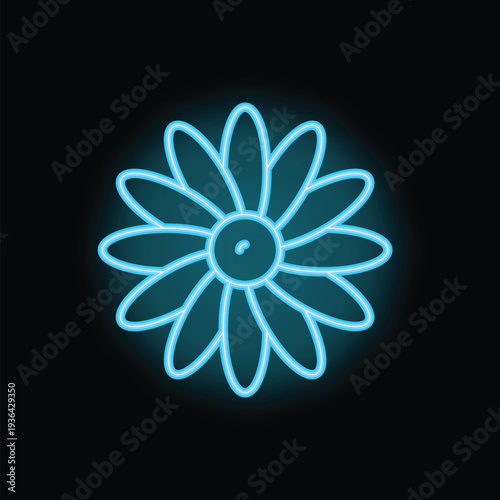 Blue neon sign in the shape of a flower is glowing on a black background
