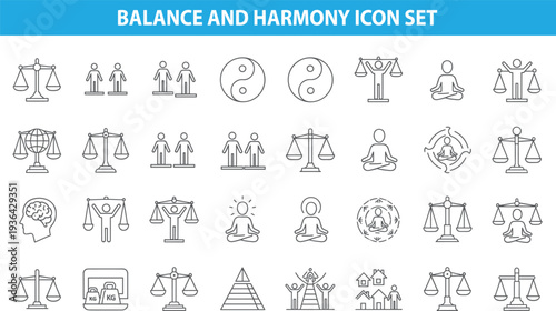 Balance and harmony icon set, justice scale, meditation, yin yang, equality concept, mindfulness, leadership, social stability symbols vector