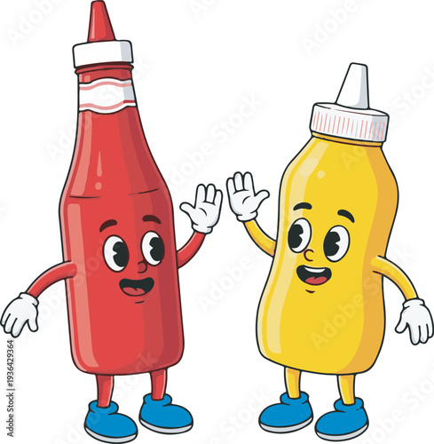 Cartoon Ketchup and Mustard Bottles High-Fiving Vector Illustration for Food Service, Restaurant Menus, and Fun Marketing Designs