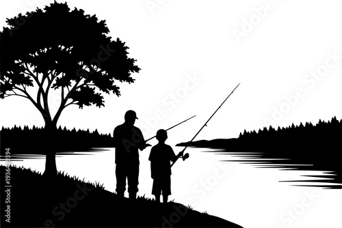 father and son fishing in the lake silhouette