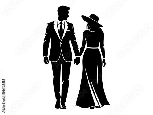 A stylish couple walks hand in hand in formal attire outdoors