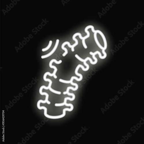 White neon sign illustrating cervical spine vertebrae with pain signal, on a black background