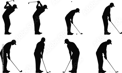 Set of professional golfer silhouettes, male athletes swinging golf clubs and putting in various poses for sports competition and training.