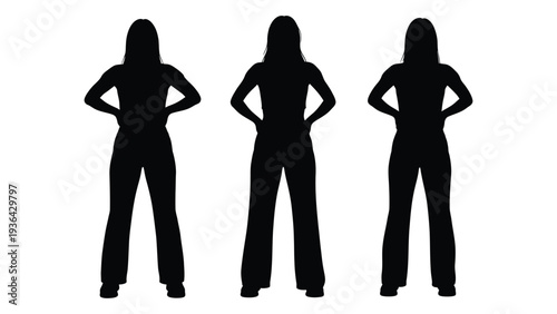 Three silhouetted figures of women standing with hands on hips