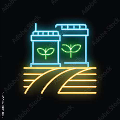 Neon glowing icon of a vertical farm with seedlings growing under specific light lamps