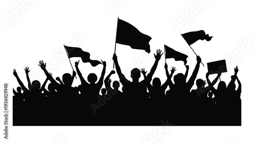 A crowd of people waving flags in celebration